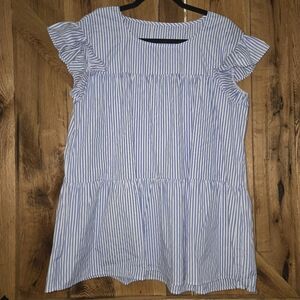Blue and White Striped Ruffle Sleeve Shirt
